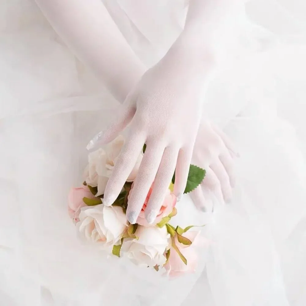 Women's Tulle White Long Sheer Silk Gloves Elbow Length Sun Protection Party